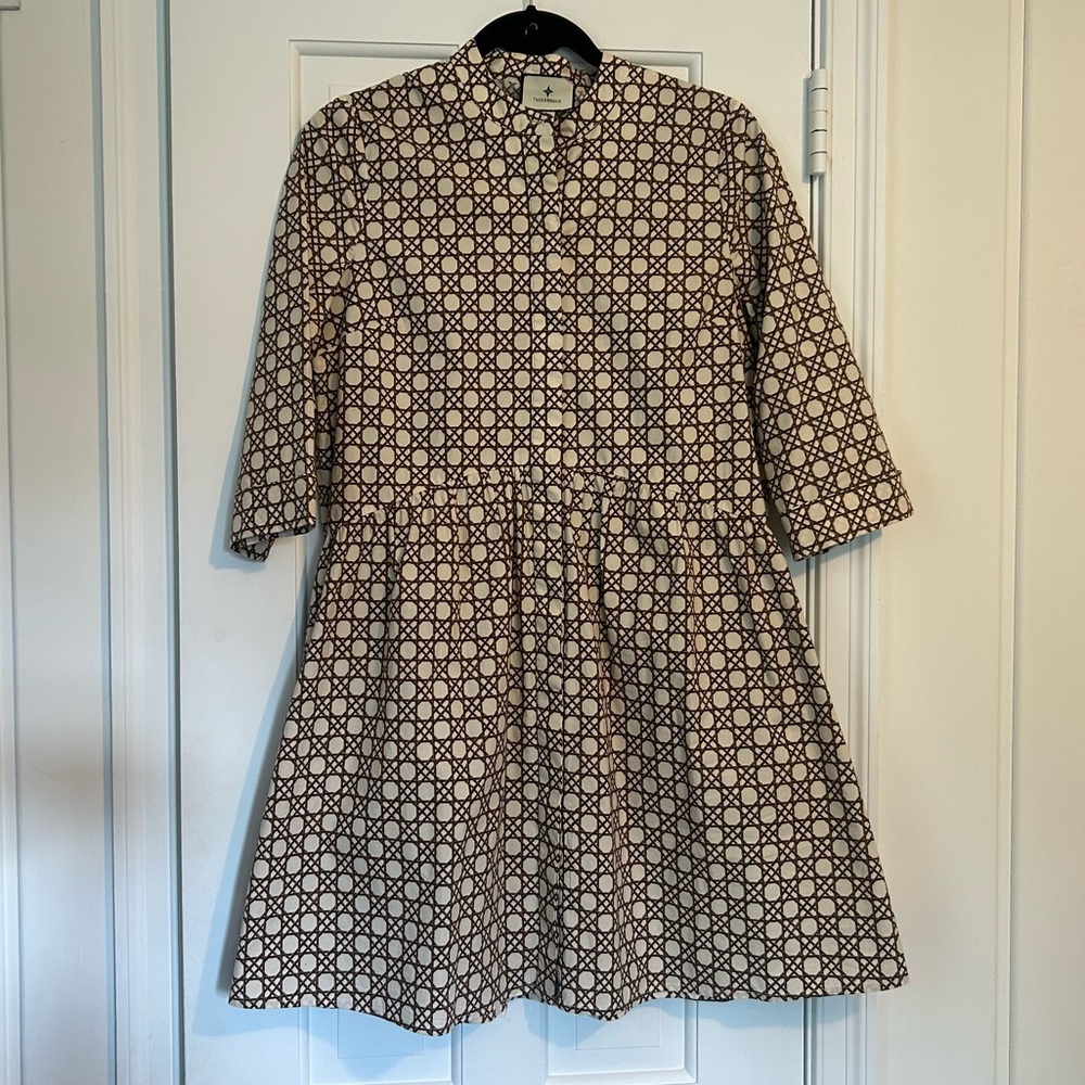 Tuckernuck Royal Shirt Dress in Brown and Cream Caning Print - Picture 2 of 5
